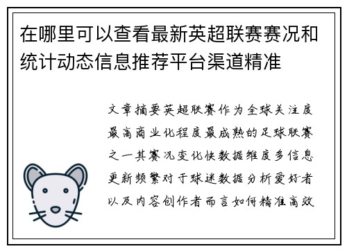 在哪里可以查看最新英超联赛赛况和统计动态信息推荐平台渠道精准