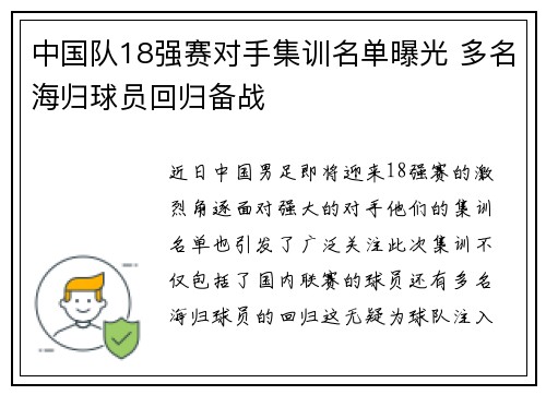 中国队18强赛对手集训名单曝光 多名海归球员回归备战